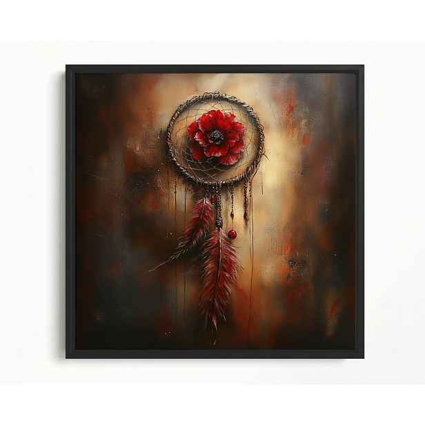 Obraz Rám American Box Lapač Snů Červený Květ Pera Boho 60x60