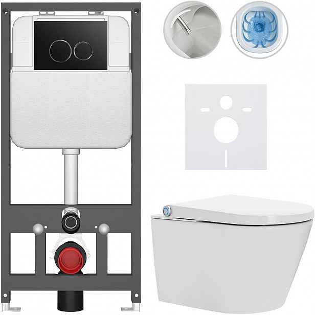 Závěsné WC s bidetem Basic/Cronus Standard - bílá lesklá - WC tlačítko Dualo/Černá - závěsné - předstěnová instalace - 59,3x38,4 cm