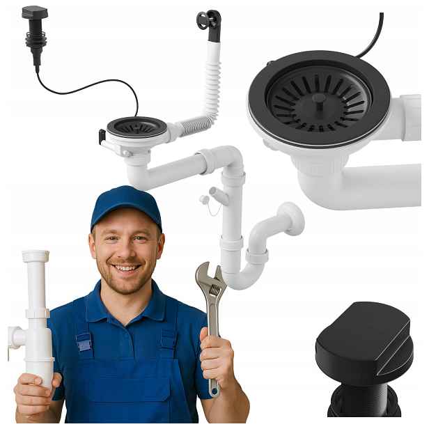 Automatický sifon Jednokomorový pro Kuchyňský Dřez s přepadem Černý G