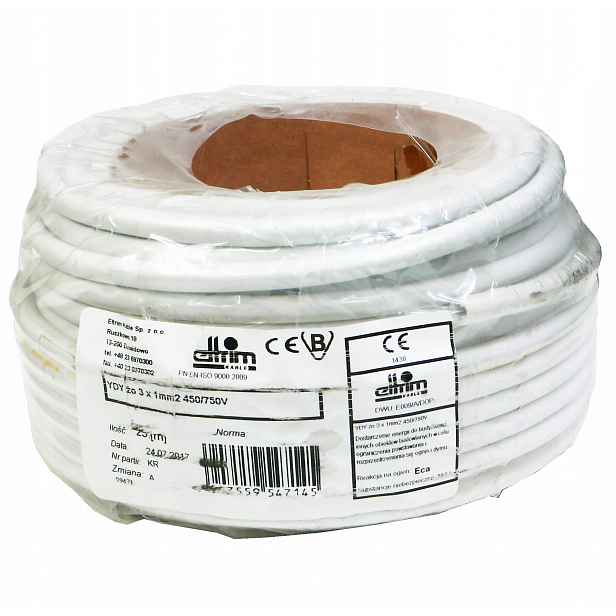 Kabel Ydy 3x1 mm 450 750V drát Cu kotouč 25 m kulatý