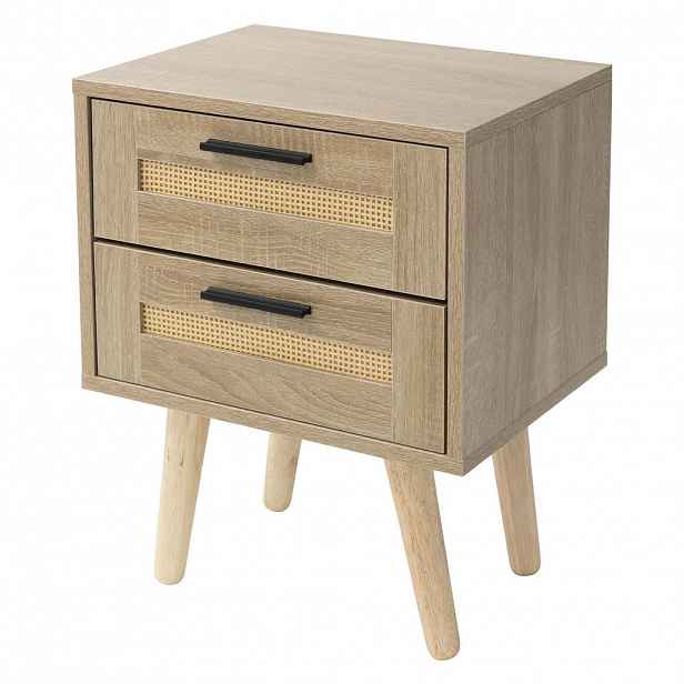 ML-DESIGN NOČNÍ STOLEK se 2 zásuvkami 40x50,5x30 cm vzhled dubu, ratanová přední strana
