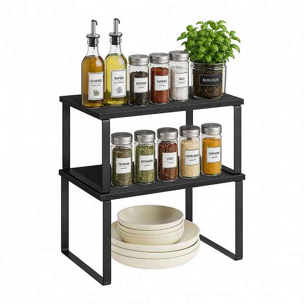 Relaxdays POLIČKA na koření Černá sada-2 stohovatelná MDF železo 60 cm