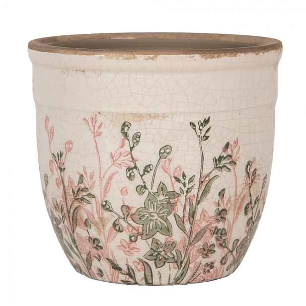 Béžový antik keramický obal na květináč s růžovo-zelenými květy S - Ø 13*11 cm Clayre & Eef