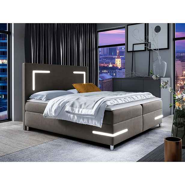 Boxspringová manželská postel 160x200 MADENA - šedá + topper a LED osvětlení ZDARMA