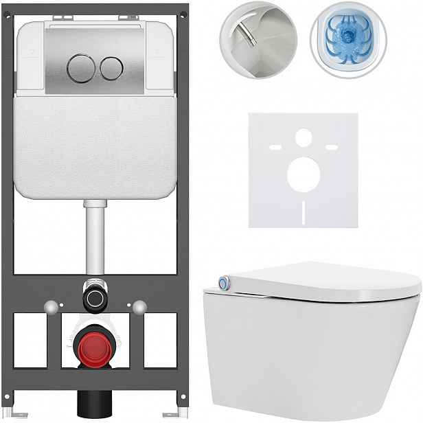 Závěsné WC s bidetem Basic/Cronus Standard - bílá lesklá - WC tlačítko Dualo/Stříbrná - závěsné - předstěnová instalace - 59,3x38,4 cm