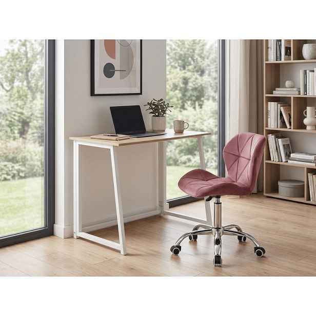 Set do pracovny ZARIMO stůl 80x40 cm, bílá/dub sonoma + křeslo AVOLA VELVET, tmavě růžové
