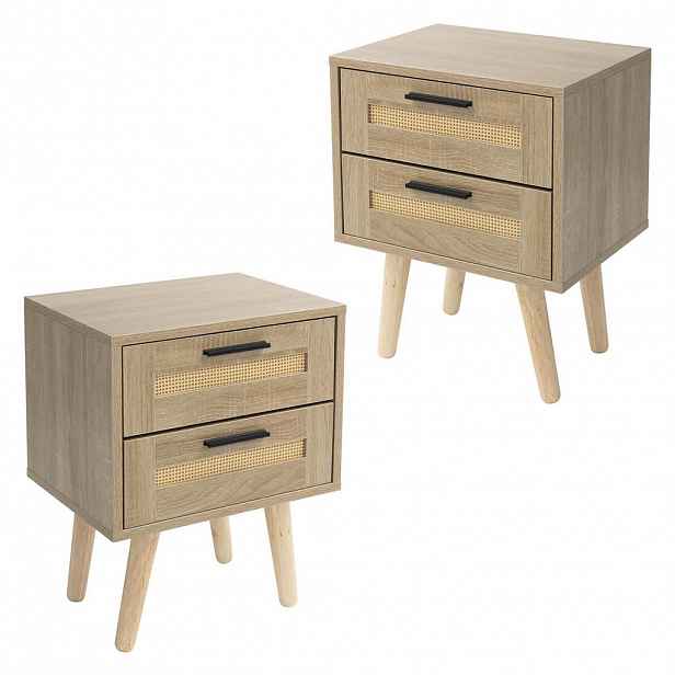 ML-DESIGN NOČNÍ stolek, sada 2 ks se 2 zásuvkami 40x50,5x30 cm, vzhled dubu, ratanová přední strana