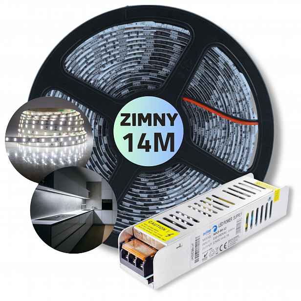 Set 14 m Pásek Led lišta Smd bílá studená s napájecím zdrojem 12 V