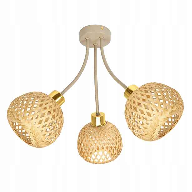 Závěsné stropní svítidlo lustr boho béžová, bambusová pletenina, zlatá 3 E27