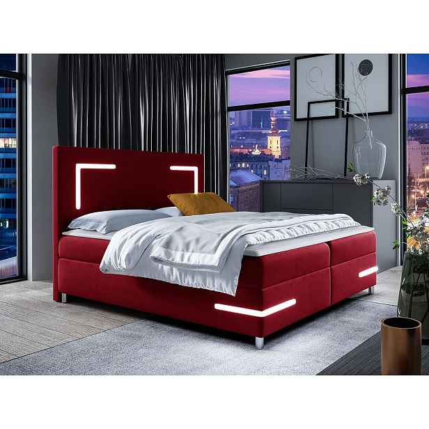 Boxspringová manželská postel 160x200 MADENA - červená + topper a LED osvětlení ZDARMA