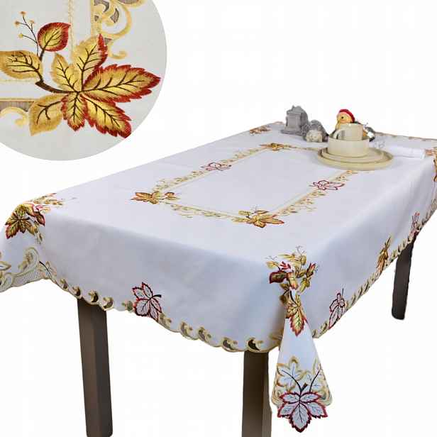 Podzimní vyšívaný ubrus krémový 150x220cm Hnědé Listy na stůl, lavici