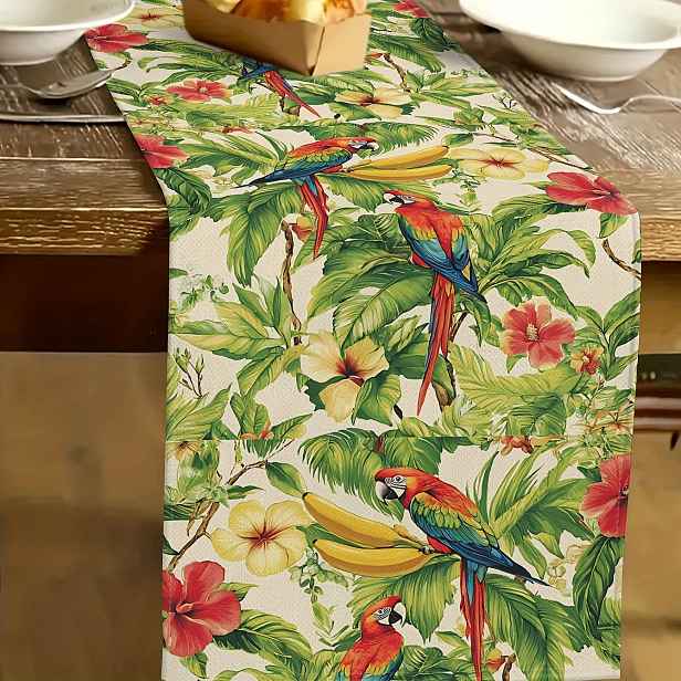 TEMU 1ks tropický pták a banánový běh na stůl - živá květinová výzdoba s papoušky, hibiskusovými květy a zelení, 100% polyester, rovnoběžná výzdoba