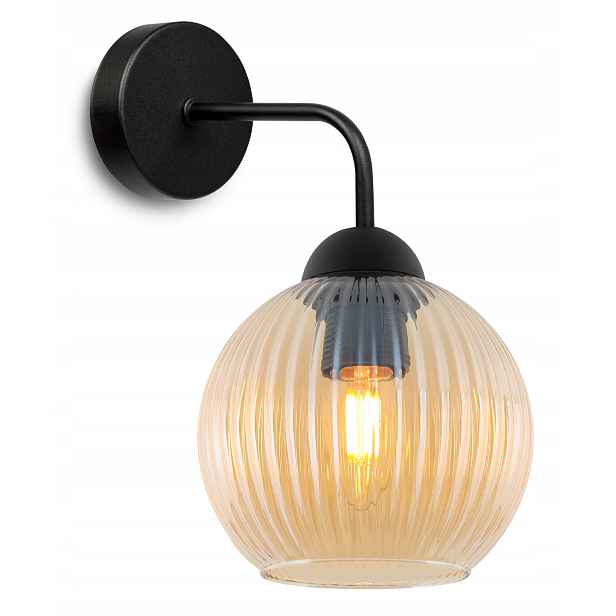 Nástěnná Lampa Medová Černá Skleněná Koule Rýhovaná 14 CM