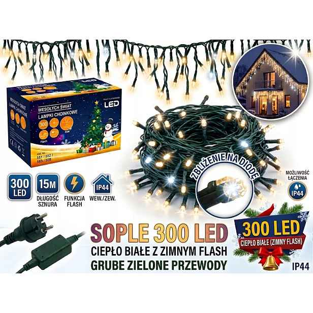 Rampouchy 300 Led Venkovní 15 m Teplo Bílé Studené Flash Silné Kabely
