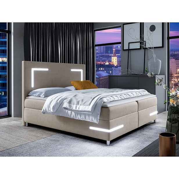 Boxspringová manželská postel 180x200 MADENA - béžová + topper a LED osvětlení ZDARMA