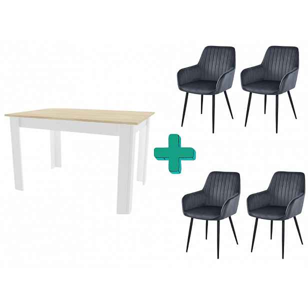 Jídelní set 1+4, bílý stůl v dekoru dub sonoma MADO 120x80cm a šedá sametová židle SOLDEN