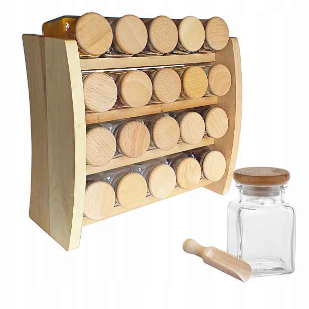 Organizér Dřevěný stojan a sklenice na koření 150 Ml 20 ks a lopata