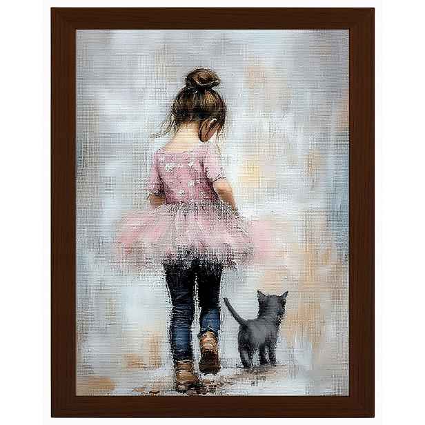 Plakát Rámeček Dřevo Dívka Růžová Princezna Kočka Procházka 60x80