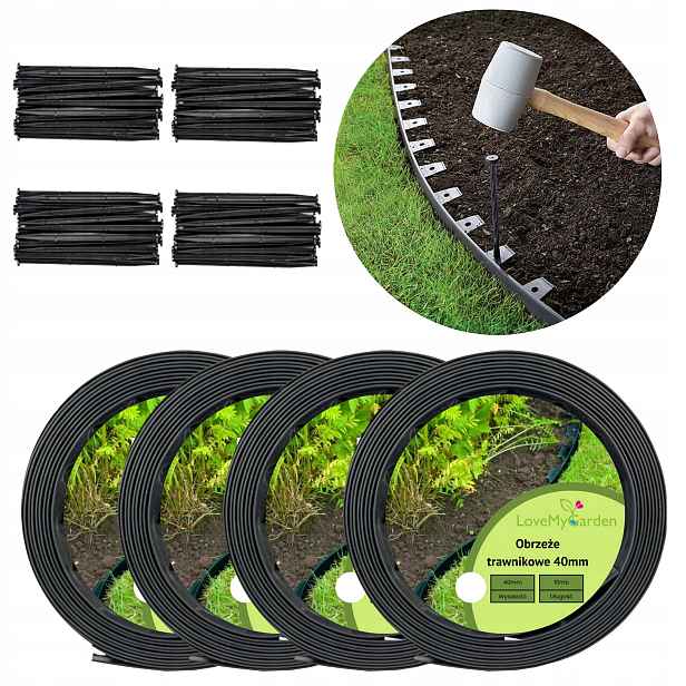 Trávníkový lem Černý 40 metrů 80 kotvících kolíků výška 4 cm Silný Lmg 40 mm
