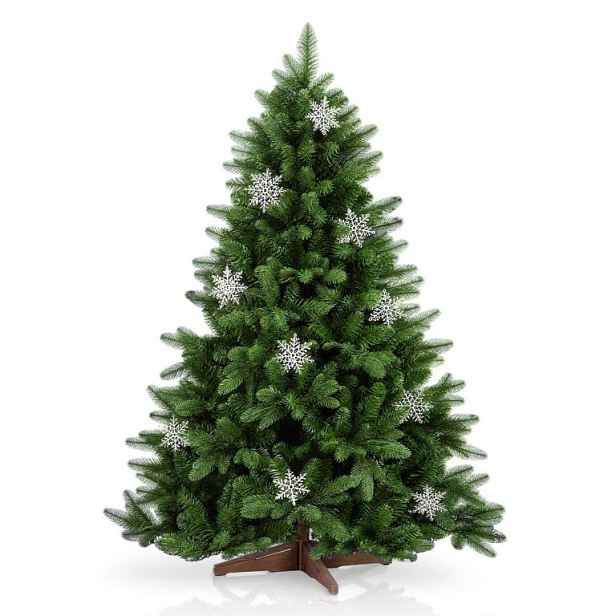 Umělý vánoční stromek 150 cm s vločkami a dřevěným stojanem