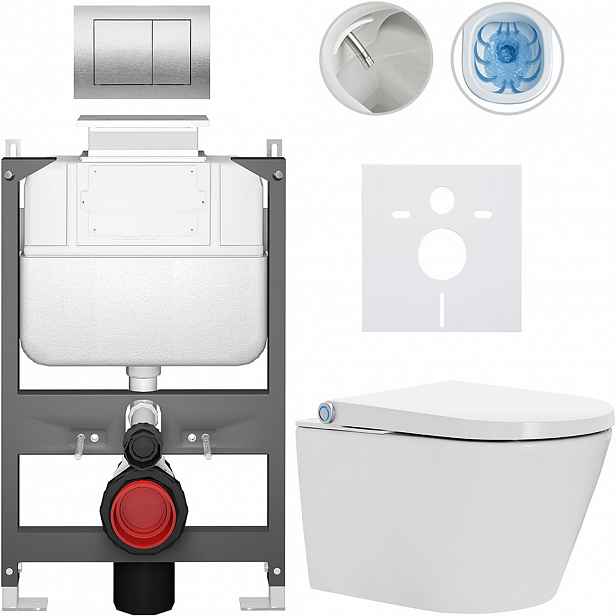 Závěsné WC s bidetem Basic/Cronus Standard - bílá lesklá - WC tlačítko Maxio/Stříbrná - ovládání shora - předstěnová instalace - 59,3x38,4 cm