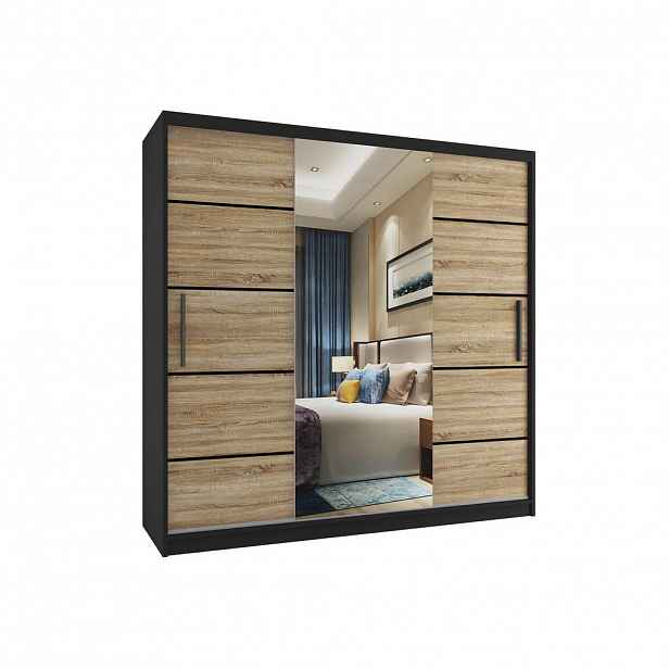 B BELINI GROUP POSUVNÁ SKŘÍŇ Verona MT, Černá/Dub Sonoma Mat, 200 cm, se zrcadlem