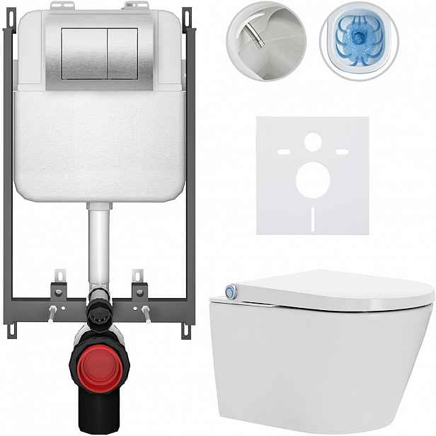 Závěsné WC s bidetem Basic/Cronus Standard - bílá lesklá - WC tlačítko Maxio/Stříbrná - pro zazdění - 59,3x38,4 cm