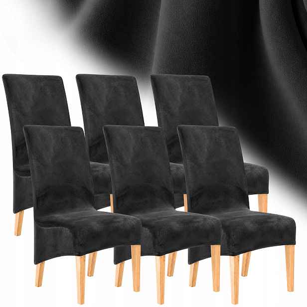 Potah Na Židli XXL Velur 6 Ks Plyšový Elastický Univerzální Černý