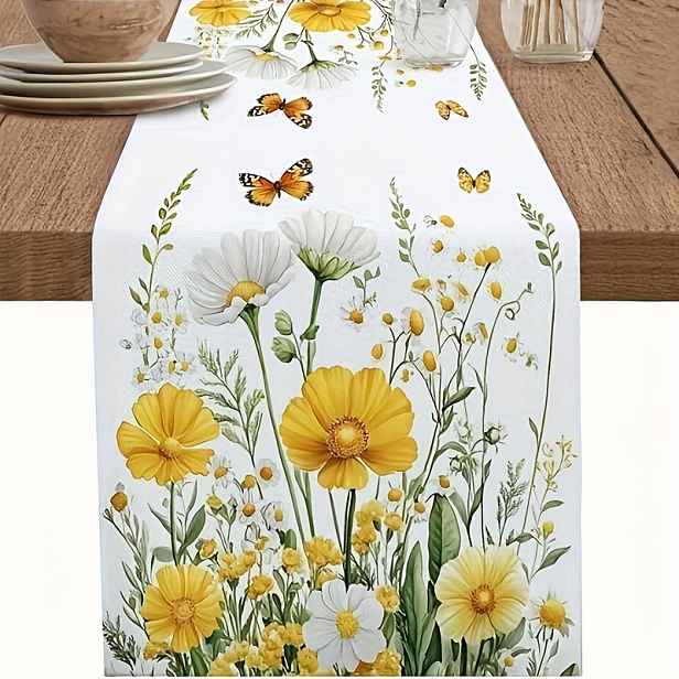 TEMU 1ks Žlutý Jarní Květinový Ubrus s Sedmikráskami & Motýly - 100% Polyester Obdélníkový Kryt na Kuchyňský Ostrov Konferenční Stolek pro Jídlo,
