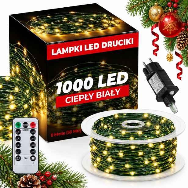 Vánoční osvětlení na stromeček mikro Led 1000 žlutá 100 m zelený kabel dálkové ovládání RS-1021WW