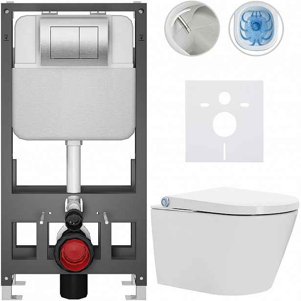 Závěsné WC s bidetem Basic/Cronus Standard - bílá lesklá - WC tlačítko Maxio/Stříbrná - volně stojící - předstěnová instalace - 59,3x38,4 cm