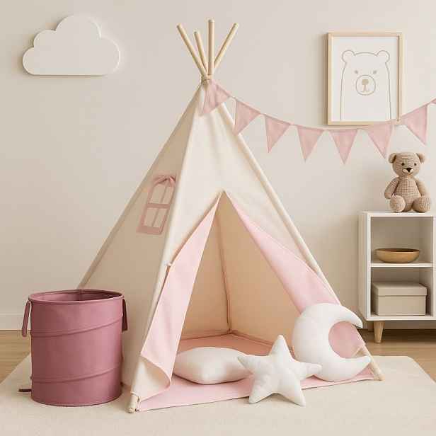 Infantastic 74133 Dětský stan teepee, růžovo/béžový, s příslušenstvím + vlajka