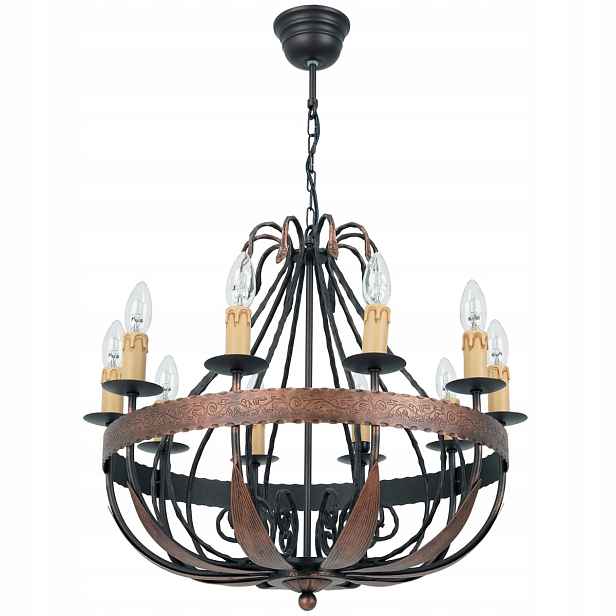 Rustikální vintage svícnový lustr černý, měděný, 10 bodů Luminex