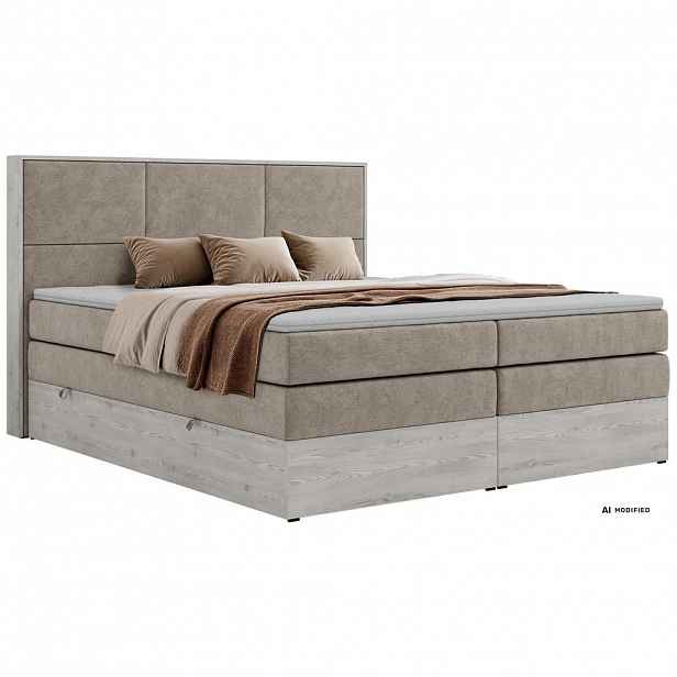 MKS POSTEL BOXSPRING DELNOR KING 160/200 - Šedobéžová Strukturovaná látka - Topper Visco - H4