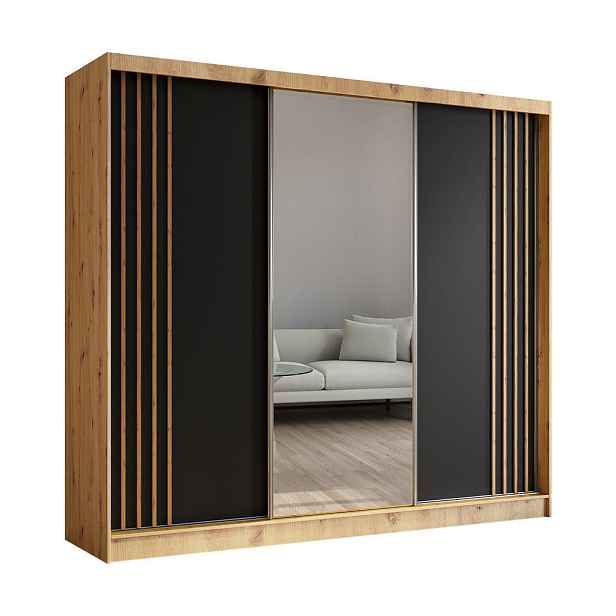 MASSENO ŠATNÍ SKŘÍŇ S POSUVNÝMI DVEŘMI NELVIA, 240/216/61 cm 3dveřová se zrcadlem, dub Artisan