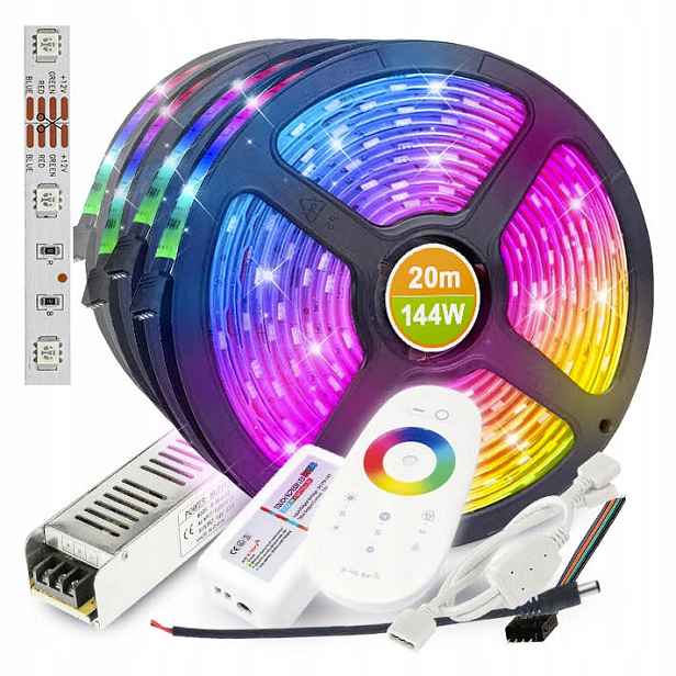 Led pásek 20 m Rgb Barevná Sada Dálkový Ovladač Napájecí zdroj Silný set do pokoje