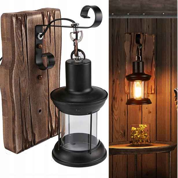 E27 Vintage industriální dřevěná nástěnná lampa