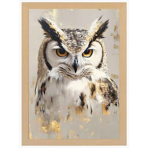Plakát Rámeček Dřevo Portrét Pták Sova Moudrost Boho Béžová Hnědá 60x80
