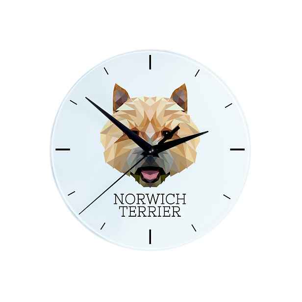 Norwichský teriér – skleněný závěsný nástěnný hodinový stroj s geometrickým psem