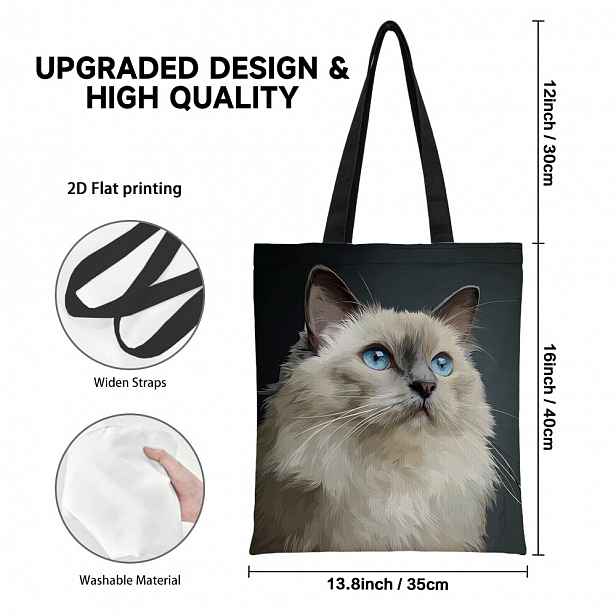 TEMU 1ks Bílá nákupní taška s designem kočky Ragdoll, 2D plochá, opakovaně použitelná, školní taška přes rameno, pevná taška přes tělo, lehká nákupní