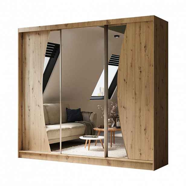 ALTDECOR ŠATNÍ SKŘÍŇ s zrcadlovými posuvnými dveřmi a hliníkovými lamelami – VOXI – 240 cm dub artisan