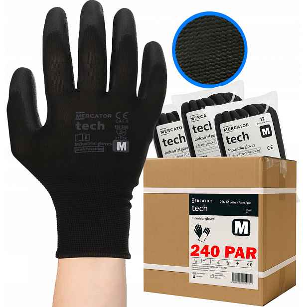 Pracovní Rukavice Mercator Tech Black+Black Pu M 240 párů