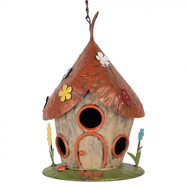 Barevná závěsná kovová dekorace ptačí budka s květy - ø 17*27/54 cm  Clayre & Eef
