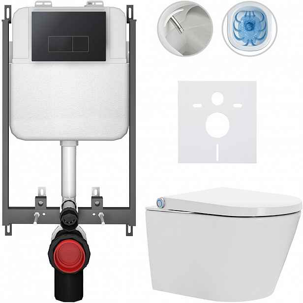 Závěsné WC s bidetem Basic/Cronus Standard - bílá lesklá - WC tlačítko Modulo/Černá - pro zazdění - 59,3x38,4 cm