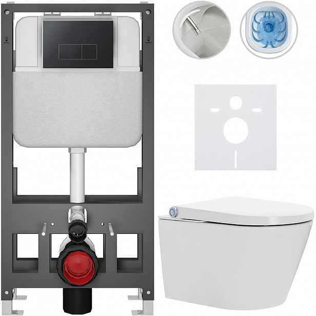 Závěsné WC s bidetem Basic/Cronus Standard - bílá lesklá - WC tlačítko Modulo/Černá - volně stojící - předstěnová instalace - 59,3x38,4 cm