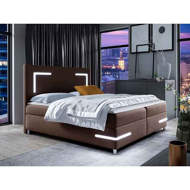 Boxspringová manželská postel 200x200 MADENA - hnědá + topper a LED osvětlení ZDARMA