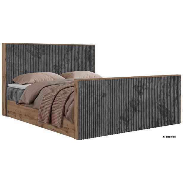 MKS KONTINENTÁLNÍ POSTEL WOOD DUO 200/200 - Šedá Manšestr - Topper Visco - H4