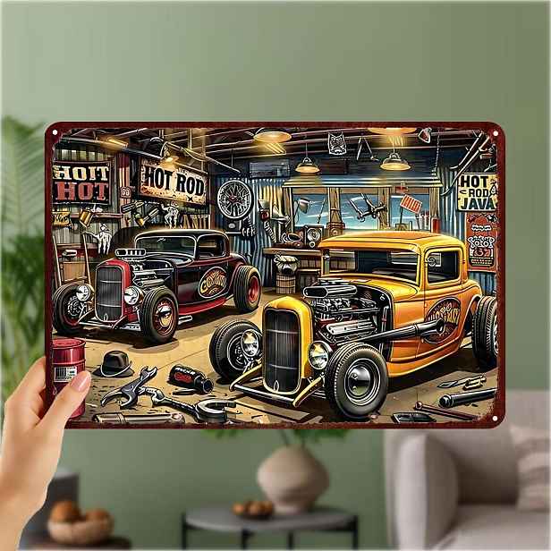 TEMU 2D plochý, 2D plochý 1 ks, Vintage Hot Rod Garáž Kovová Umělecká Nástěnná Dekorace - Železná cedule s Klasickou Scénou Dílny Aut pro Mužskou