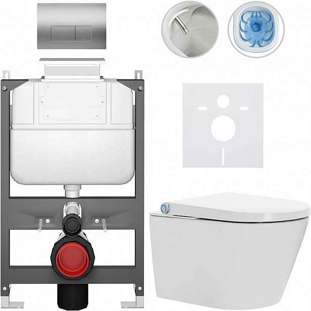 Závěsné WC s bidetem Basic/Cronus Standard - bílá lesklá - WC tlačítko Modulo/Stříbrná - ovládání shora - předstěnová instalace - 59,3x38,4 cm