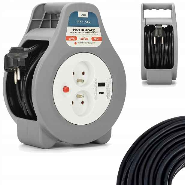 Prodlužovací Kabel Bubnový 2x230V 2x Usb-c 20W Qc 3.0 Navíjecí 10 Metrů 3x1,0mm2